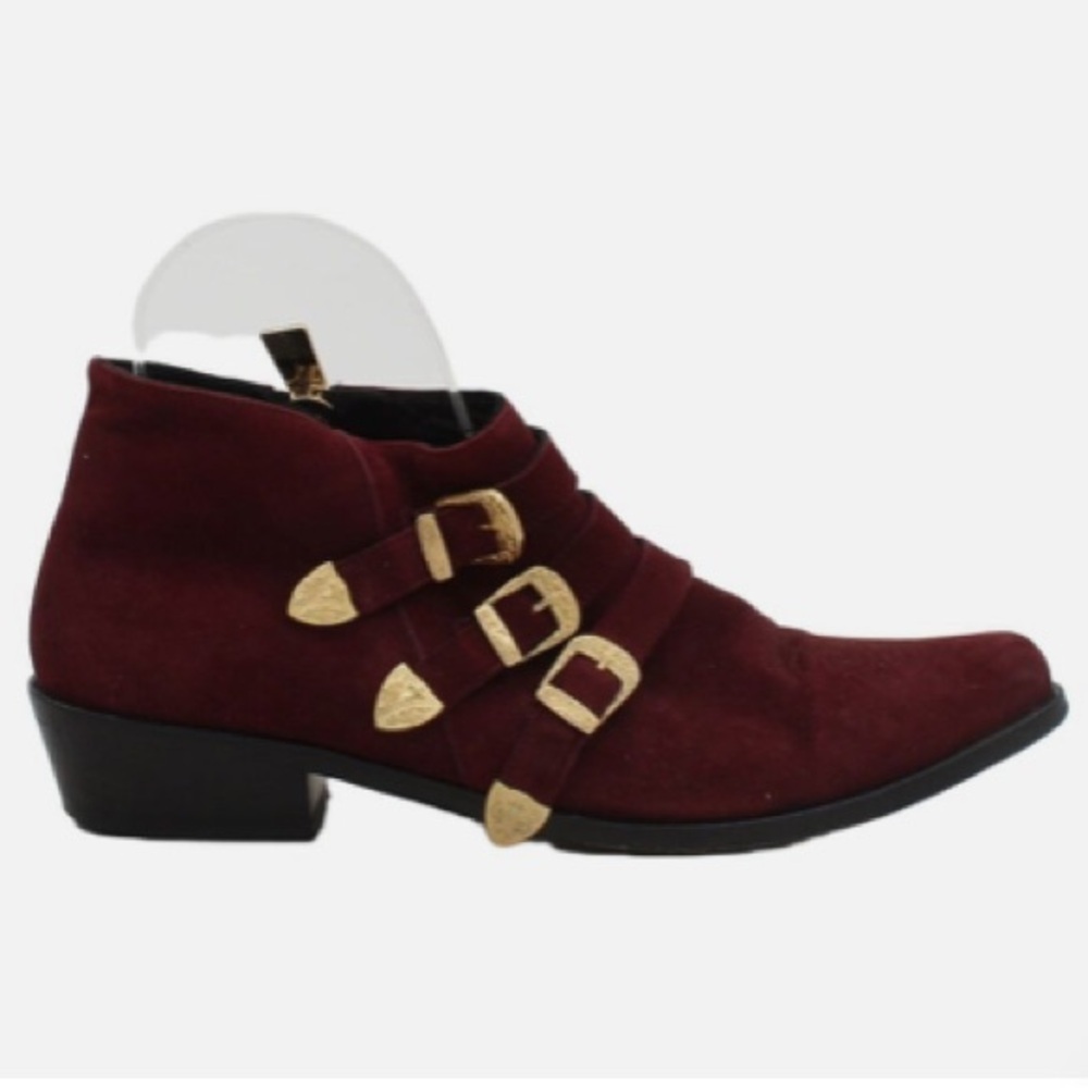 Anine Bing Witchy Western Emma Boots Burgundy Gold Triple Buckle Luxury Cowboy